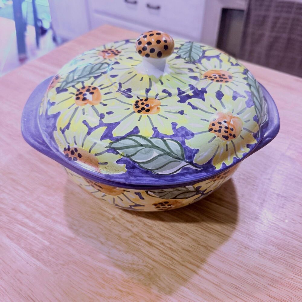 Vintage Mexican Hand-Painted Sunflower Lidded Casserole —Terracotta Mexico—Artis